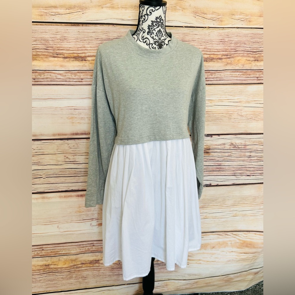 Violet Skies Heather Grey White Mixed Media Pleated Long Sleeve Dress L NWT